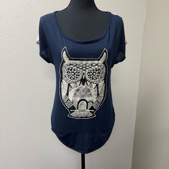 May Blue Navy Owl Graphic Lace Back Boho Top Short Sleeve Casual Tee Shirt - Picture 2 of 9